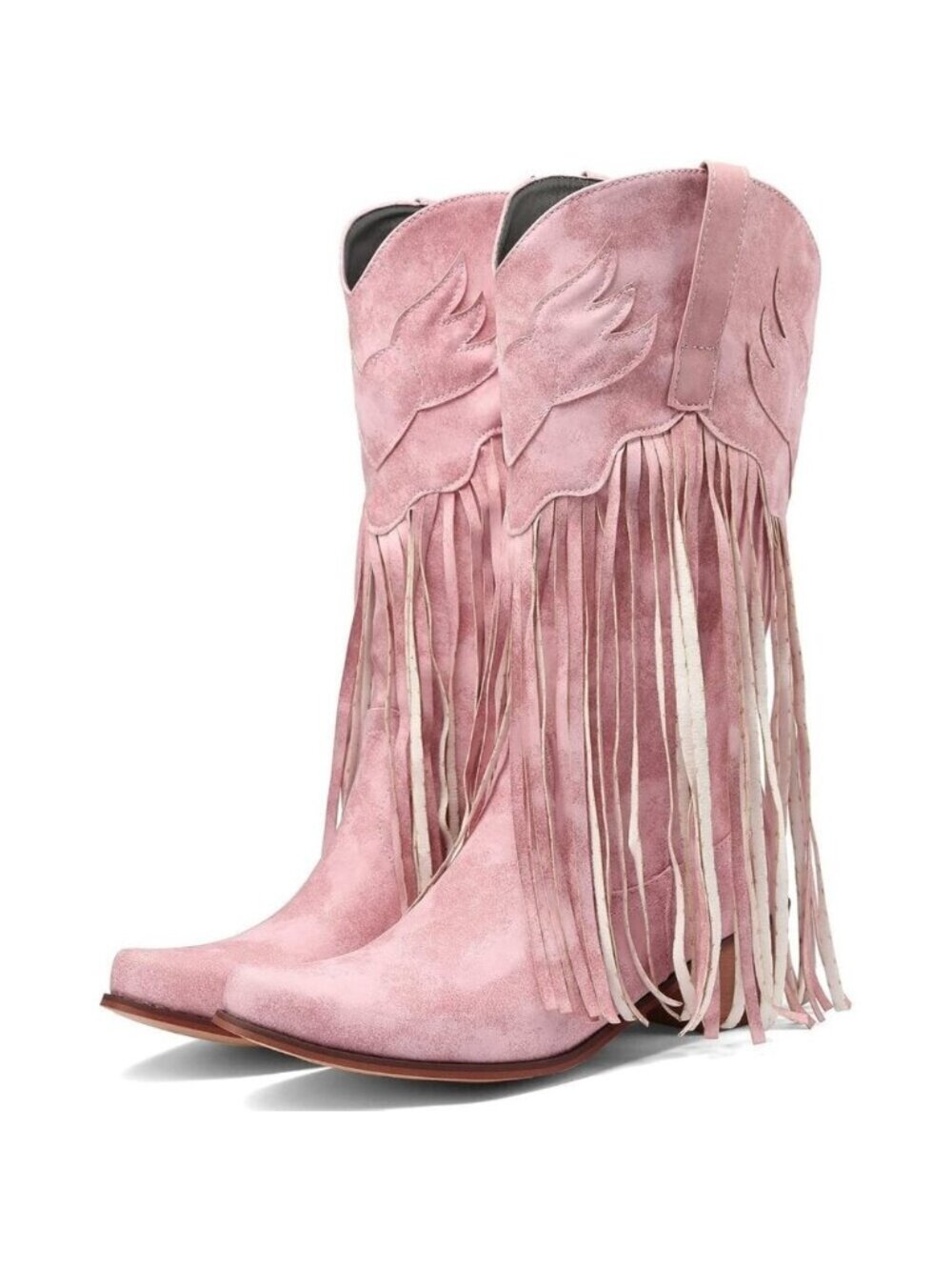 Women's Pink Fringe Cowboy Boots Square Toe Mid Calf Embroidered Western Boots